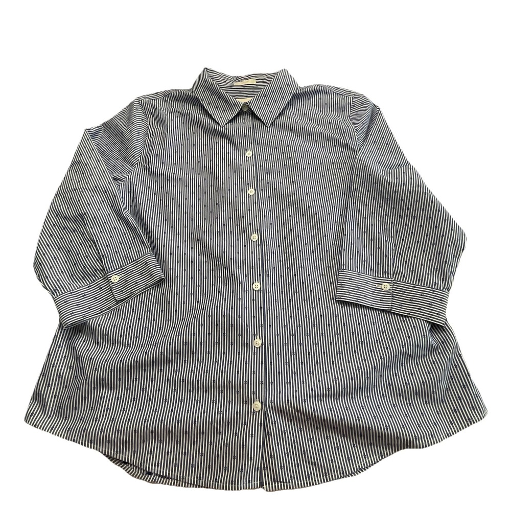 Chico's 3 Lg US 16 No Iron Blouse Blue White Pinstripe Button-up Women's